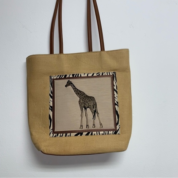 Tan Tote Handbag Brown Leather Straps/Zebra Print Trim Embroidered Giraffe NWOT - Picture 2 of 13